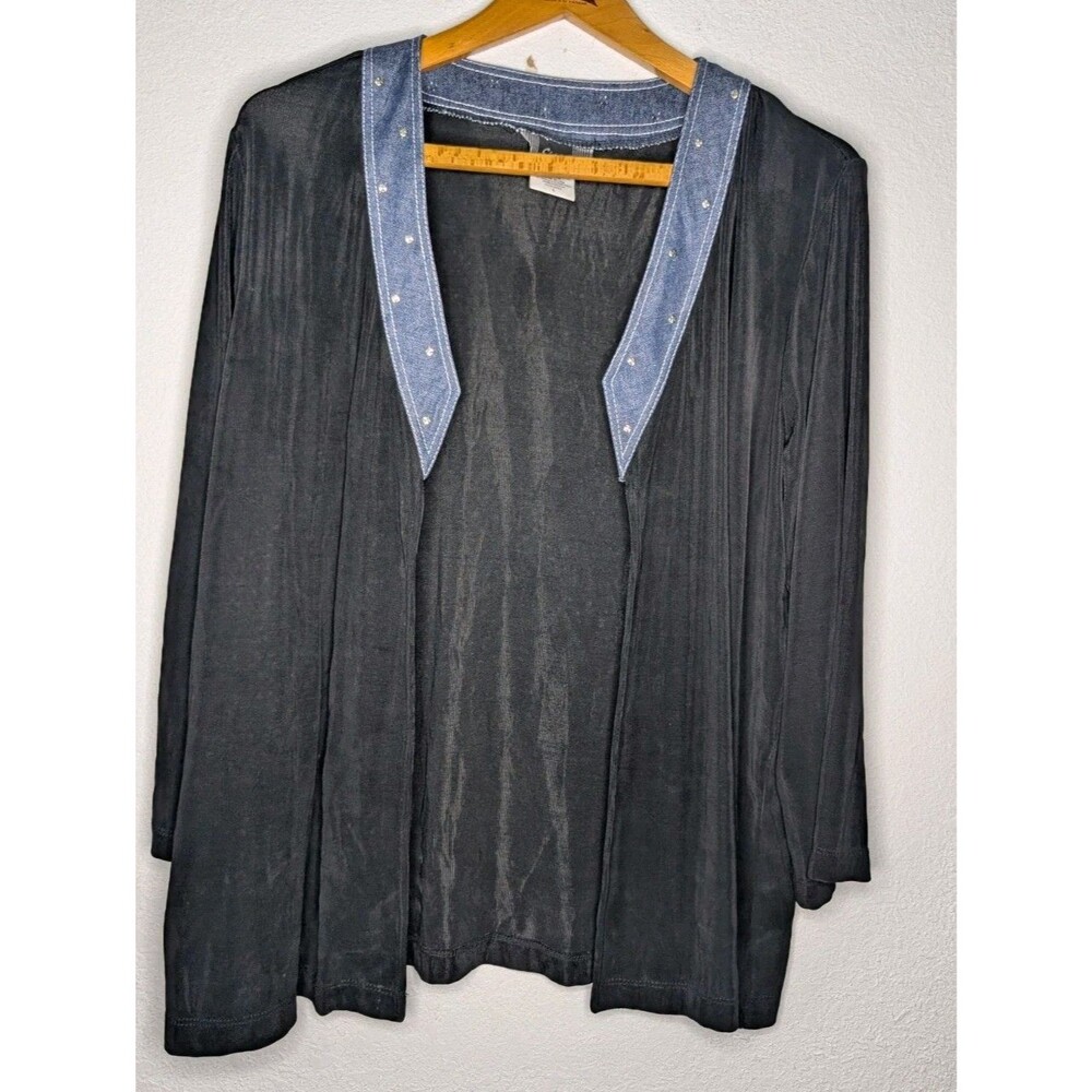 Slinky Black Sweater Top Denim Trim Gold Studs Women's Size Large Black (000)